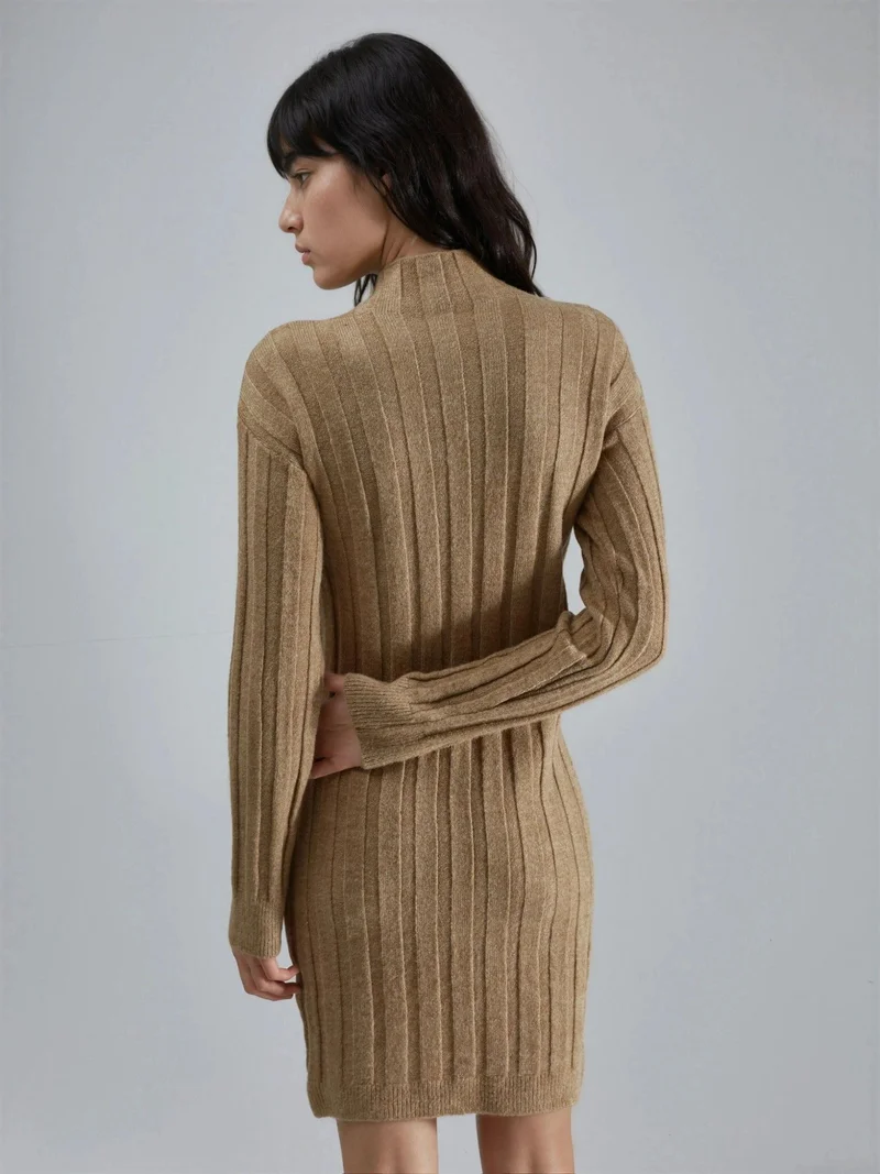 MY FASHION Camel Brown MY FASHION Ribbed Turtleneck Mini Knit Dress for Women | Best Price UAE